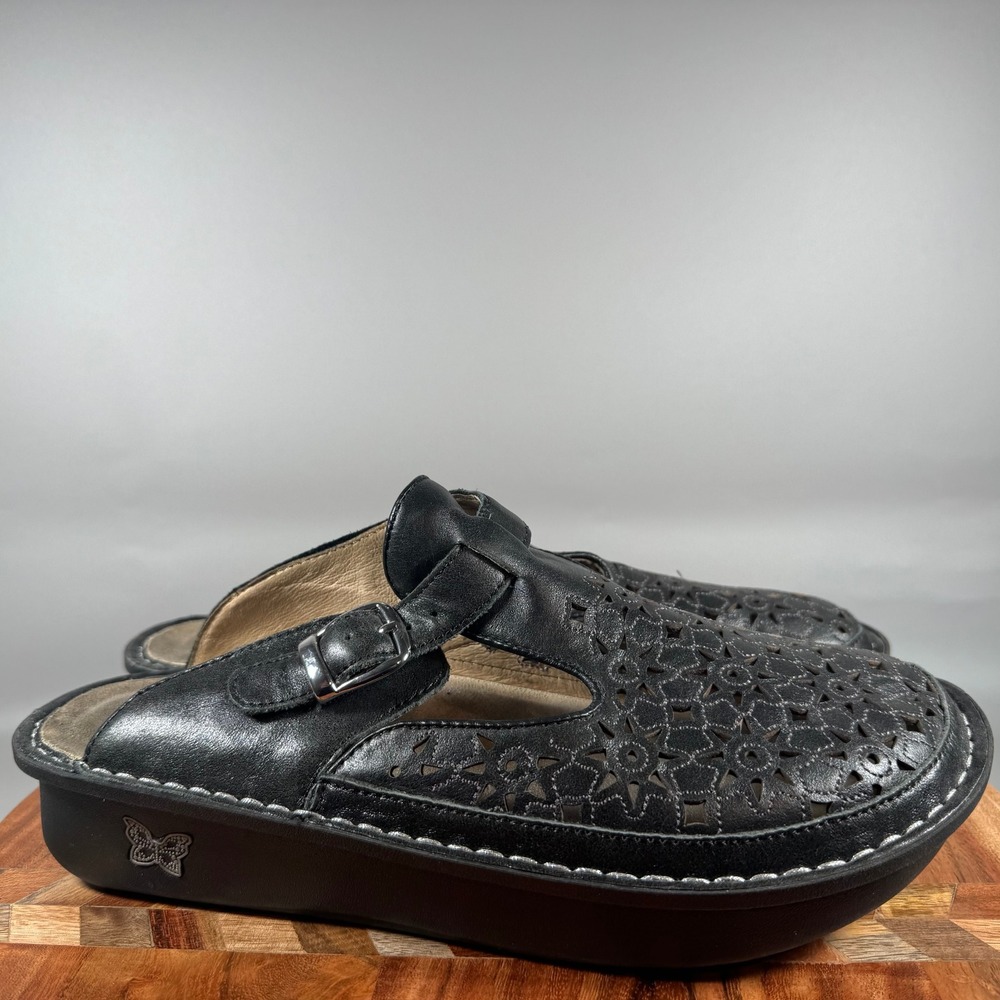Alegria ALG-631 Black Leather Perforated Buckle Clogs Mules Women Size 42